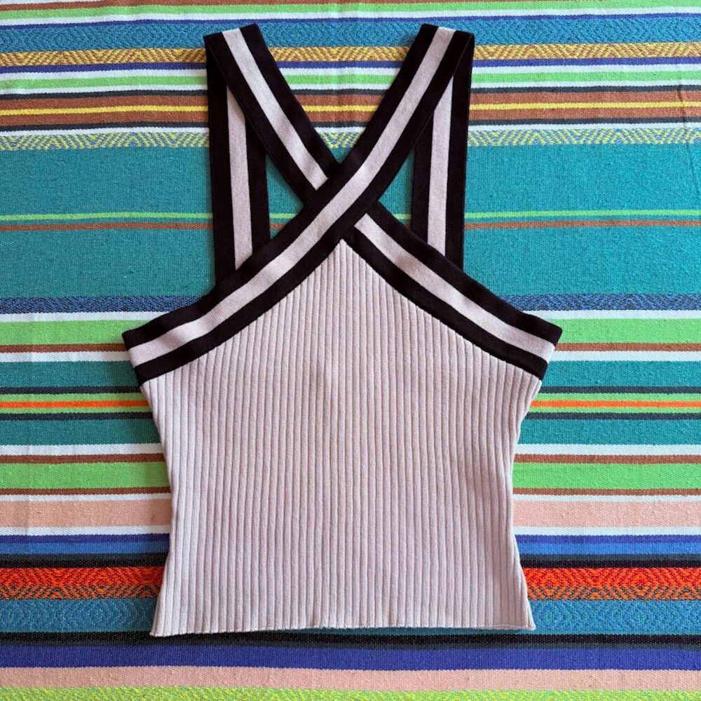 Forever 21 Rib Knit Halter Crop Top in Cream with Black Athletic Stripe size L
